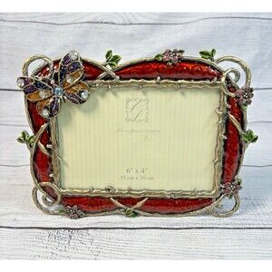Butterfly Red Enameled Pewter Photo Frame 6”x 4” Photo Size Jeweled Velvet Back
